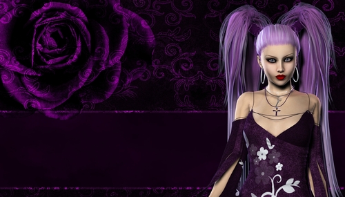 Gothic Purple Hair Woman on Dark Purple Rose Goth Theme Digital Paper Background 3