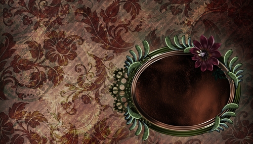 Dark Brown Steampunk Style Pattern with Brown & Green Jewel Tag Background 