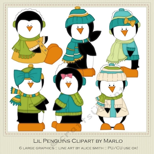 Six Lil Penguins Clip Art Graphics - Pretty Neutral Colors