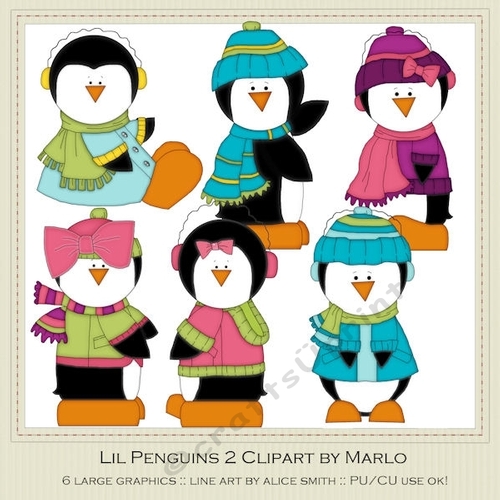 Six Lil Penguins Clip Art Graphics - Pretty Winter Colors