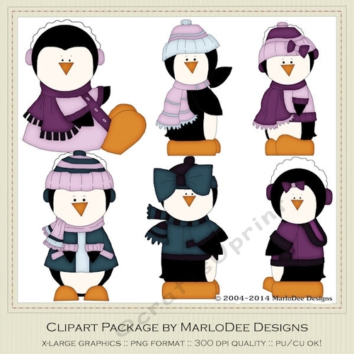 Six Lil Penguins Clip Art Graphics - Purple & Blue Colors