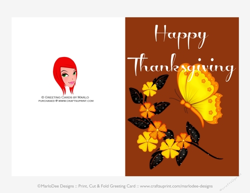 Happy Thanksgiving Flowers & Butterfly D1 Cut & Fold 5x7 Thanksgiving Card