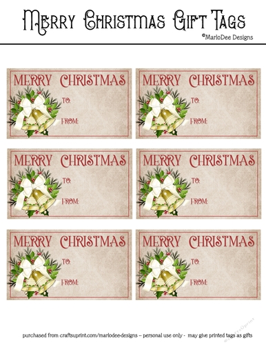 Merry Christmas Gift Tags - Golden Holiday Bells Design 1