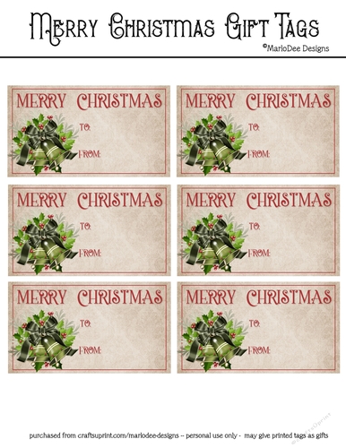 Merry Christmas Gift Tags - Green Holiday Bells Design 1