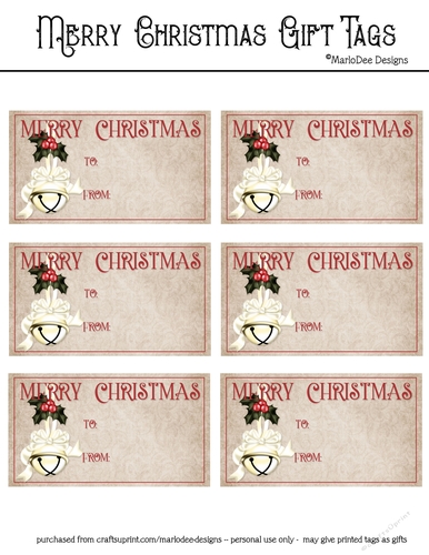 Merry Christmas Gift Tags - Golden Bell with Off White Bow
