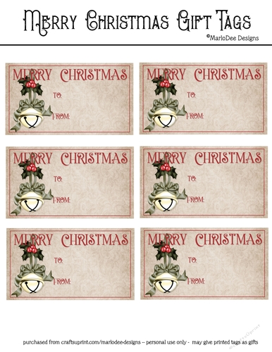 Merry Christmas Gift Tags - Golden Bell with Green Bow