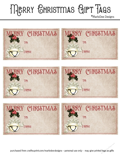 Merry Christmas Gift Tags - Golden Bell with Light Green Bow
