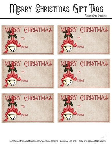 Merry Christmas Gift Tags - Golden Bell with Red Bow