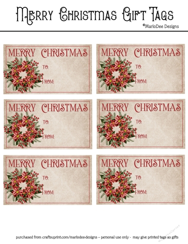 Merry Christmas Gift Tags - Red Poinsettia Flower Wreath