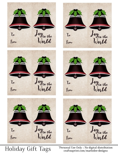 Joy to the World Gift Tags - Dark Red Bell - Folding Design