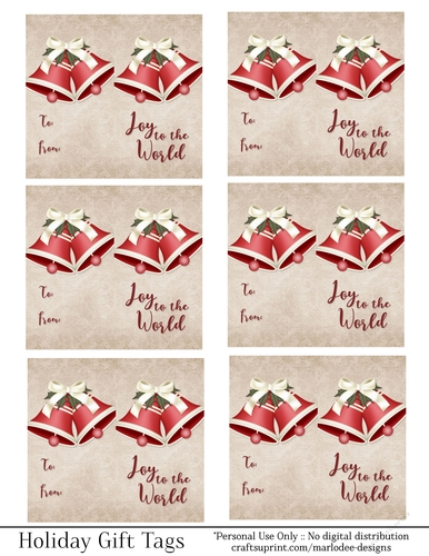 Joy to the World Gift Tags - Red Off White Bells - Folding Design