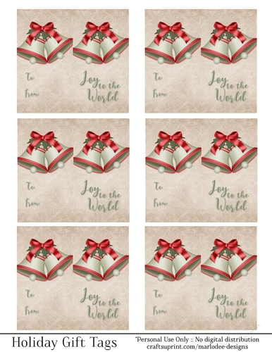 Joy to the World Gift Tags - Red Green Bells - Folding Design