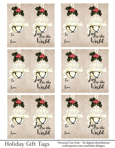 Joy to the World Gift Tags - Golden Bell with Cream Bow - Folding Design