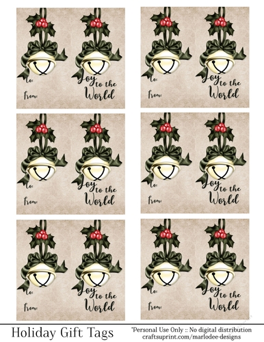 Joy to the World Gift Tags - Golden Bell with Dark Green Bow - Folding Design