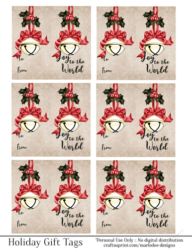 Joy to the World Gift Tags - Golden Bell with Red Bow - Folding Design