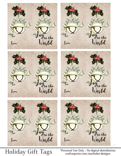 Joy to the World Gift Tags - Golden Bell with Light Green Bow - Folding Design