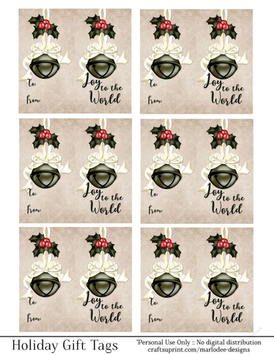 Joy to the World Gift Tags - Dark Green Bell with Cream Bow - Folding Design