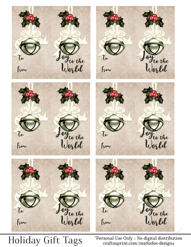 Joy to the World Gift Tags - Light Green Bell with Cream Bow - Folding Design