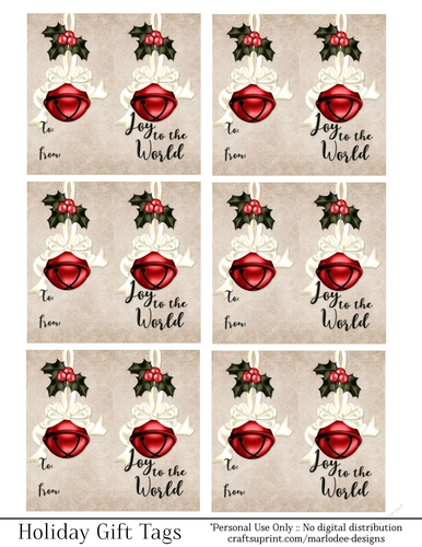 Joy to the World Gift Tags - Red Bell with Cream Bow - Folding Design