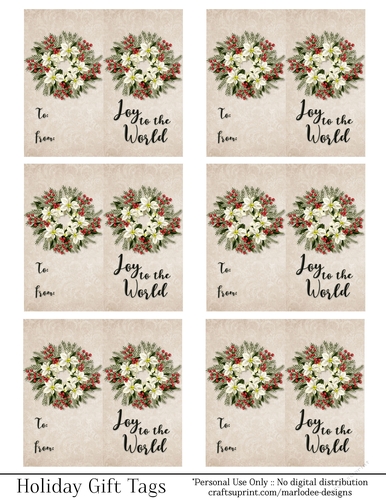 Joy to the World Gift Tags - Cream Poinsettia Wreath - Folding Design
