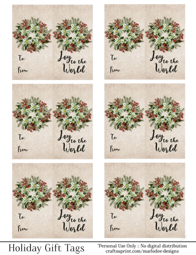 Joy to the World Gift Tags - Light Green Poinsettia Wreath - Folding Design
