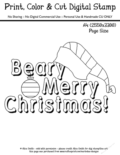 Beary Merry Christmas Word Art - Large Digital Stamp