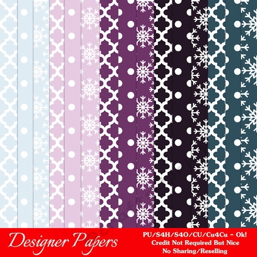 Winter Season Colors 7 Quatrfoil, Polka Dots and Snowflakes Digital Paper Backgrounds