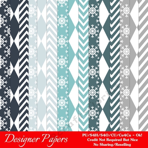 Winter Season Colors 12 Chevron, Diamonds and Snowflakes A4 Digital Paper Backgrounds