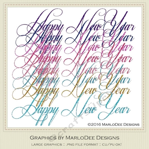 Beautiful Script Happy New Year Word Art Graphics pkg 1 