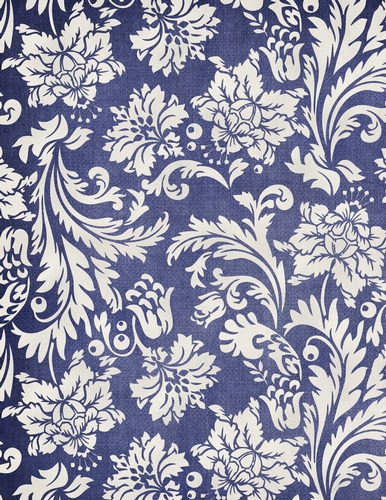 Elegant Medium Blue Background with Pearl Cream Color Floral Damask Pattern (WC1)