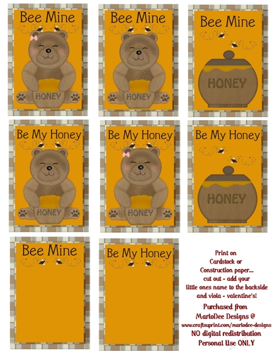 Honey Bear Be Mine Childrens Printable Valentines Sheet
