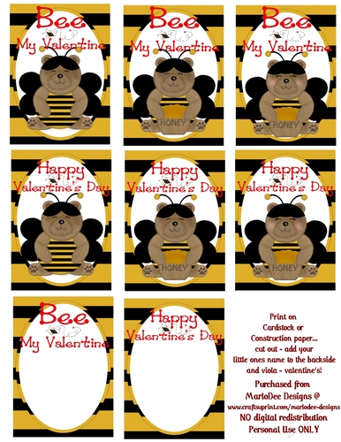 Bumble Honey Bear Childrens Printable Valentines Sheet