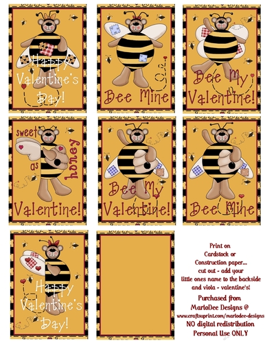 Bumble Honey Bear Childrens Printable Valentines Sheet 2