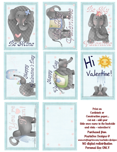 Ellie the Elephant Childrens Printable Valentines Sheet 