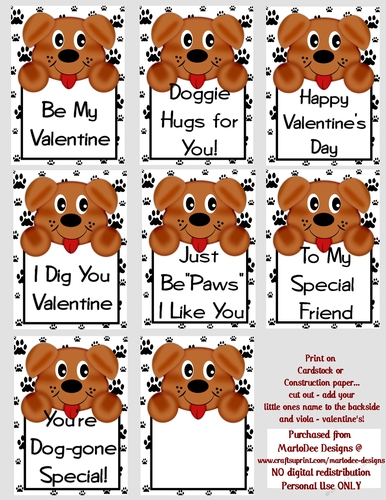 Puppy Dog Childrens Printable Valentines Sheet 