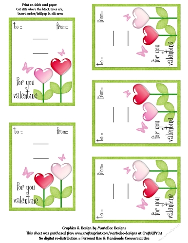 Cute Heart Flowers Valentines Day Candy Sucker Lollipop Cards Sheet 