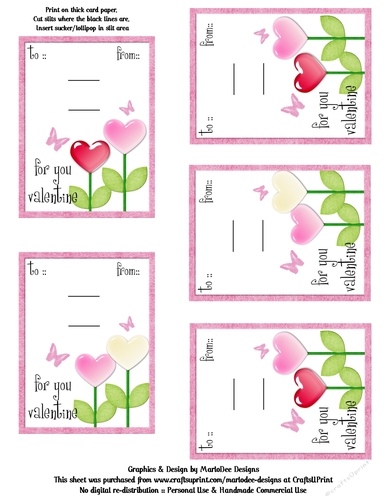 Cute Heart Flowers Valentines Day Candy Sucker Lollipop Cards Sheet 2