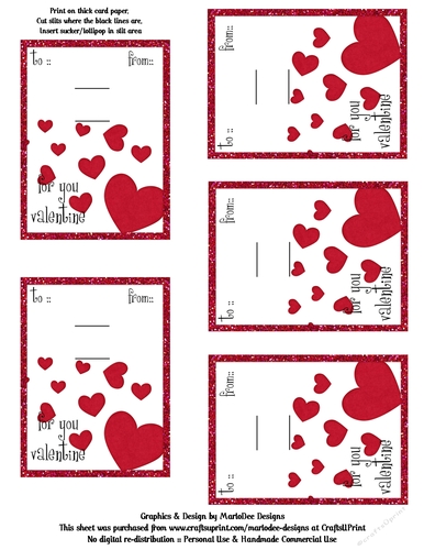 Red Hearts Valentines Day Candy Sucker Lollipop Cards Sheet 