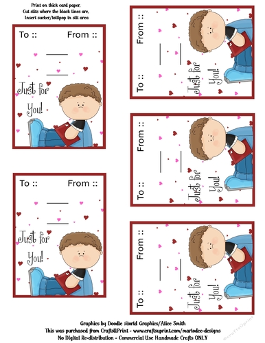 Little Brown Hair Boy Valentines Day Candy Sucker Lollipop Cards Sheet 