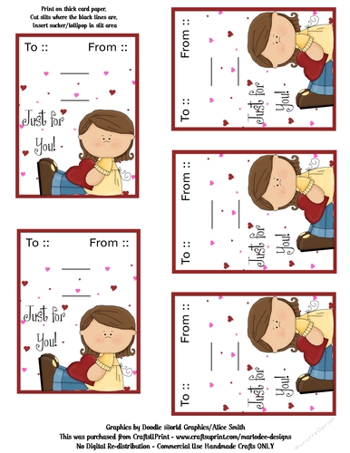 Little Brown Hair Girl Valentines Day Candy Sucker Lollipop Cards Sheet 1