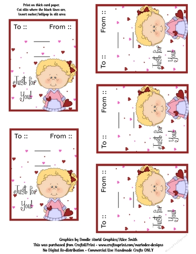 Little Blonde Hair Girl Valentines Day Candy Sucker Lollipop Cards Sheet 1