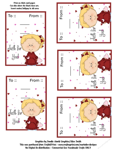 Little Blonde Hair Girl Valentines Day Candy Sucker Lollipop Cards Sheet 2