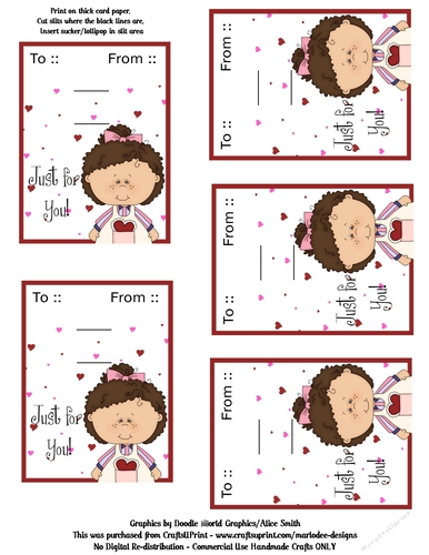 Little Brown Hair Girl Valentines Day Candy Sucker Lollipop Cards Sheet 2