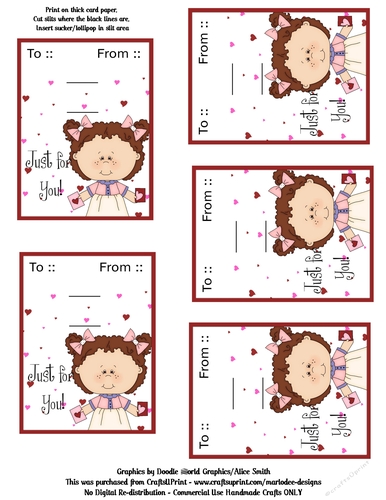 Little Auburn Hair Girl Valentines Day Candy Sucker Lollipop Cards Sheet 1