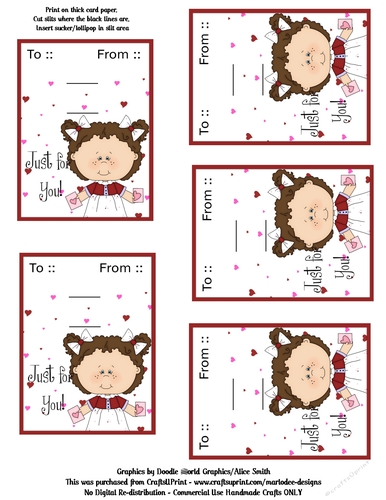 Little Brown Hair Girl Valentines Day Candy Sucker Lollipop Cards Sheet 3