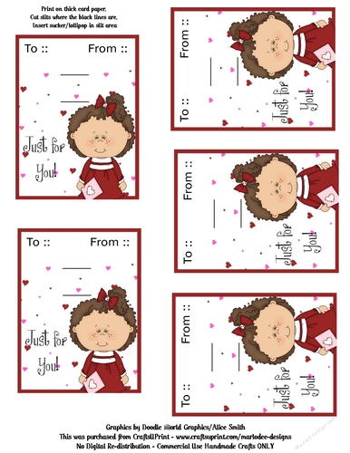 Little Brown Hair Girl Valentines Day Candy Sucker Lollipop Cards Sheet 4