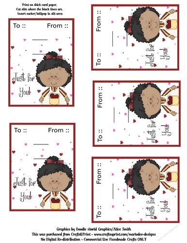 Little Hair Ethnic Dark Skin Girl Valentines Day Candy Sucker Lollipop Cards Sheet 1