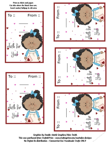 Little Hair Ethnic Dark Skin Girl Valentines Day Candy Sucker Lollipop Cards Sheet 2
