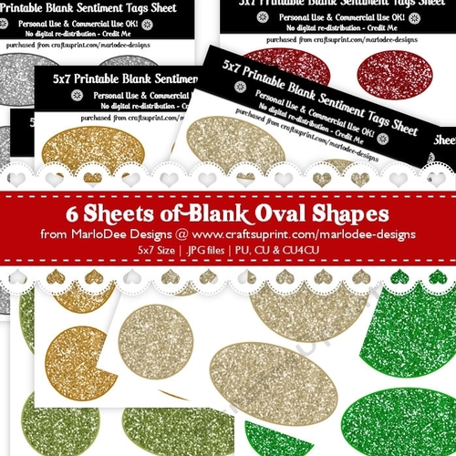 CU4CU! Glitter Look Blank Oval Shape Sentiment Tags Sheets Bundle