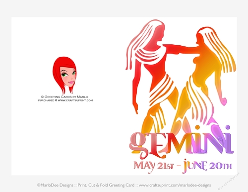 Quick Cut & Fold 5x7 Birthday Zodiac Greeting Card | Gemini Sign | design 2